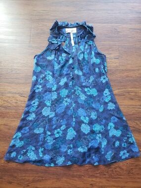 Yaya Aflalo Blue Floral 100% Silk Dress Size P Ruffle Dainty Romantic Y2K Vtg